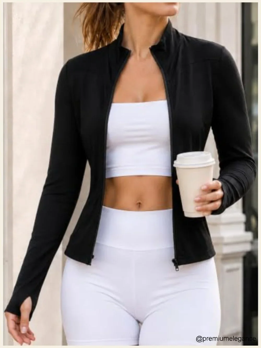 Zip Up Long Sleeve Athletic Jacket Lightweight Stand Collar Cropped Length Slim
